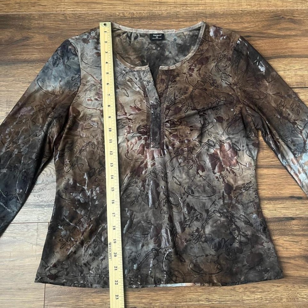 Brown Tie Dye Top 3/4 Sleeve Stretch Knit Blouse Women Medium Boho Whimsygoth - Picture 3 of 6